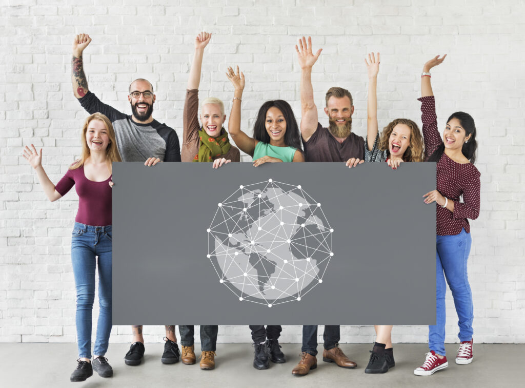 Students holding network graphic overlay banner