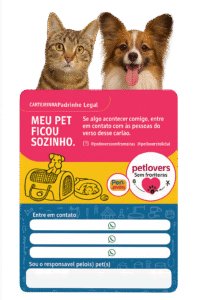 Cartão de identificação para pets, com ilustrações de gato e cachorro, mostrando a frase "Meu Pet Ficou Sozinho" e espaço para contatos de emergência