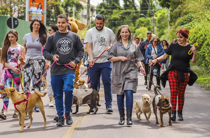 Desfile de pessoas e cachorros passando por um grande arco inflável amarelo com os dizeres "Esporte, Lazer e Juventude", com um mascote canino e um cachorro Bulldog inglês em primeiro plano.